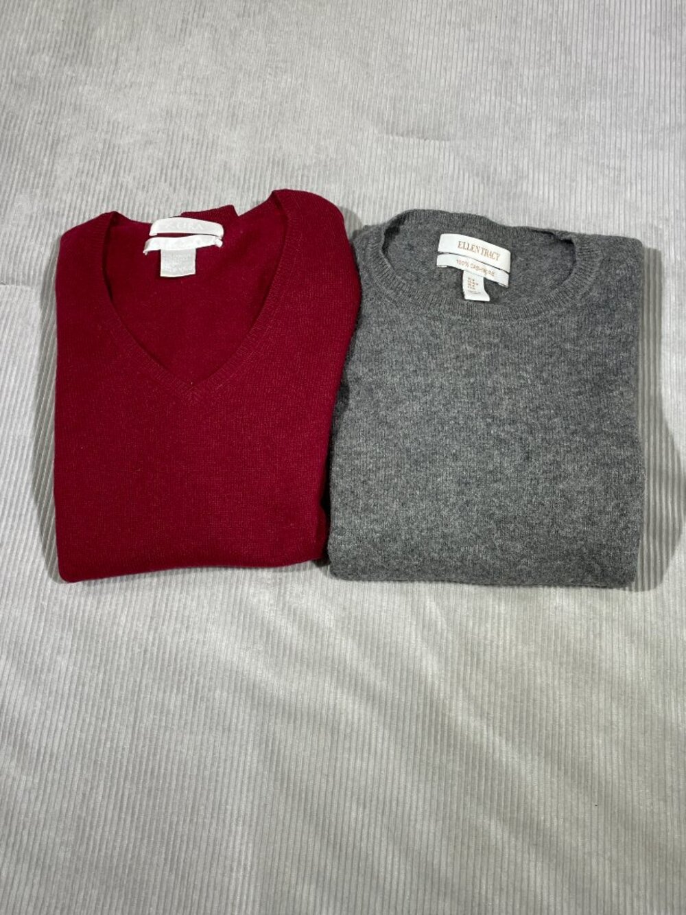 Bundle of 2 Cashmere Sweaters M Ellen Tracy Gray Crewneck Keira Burgundy V-Neck